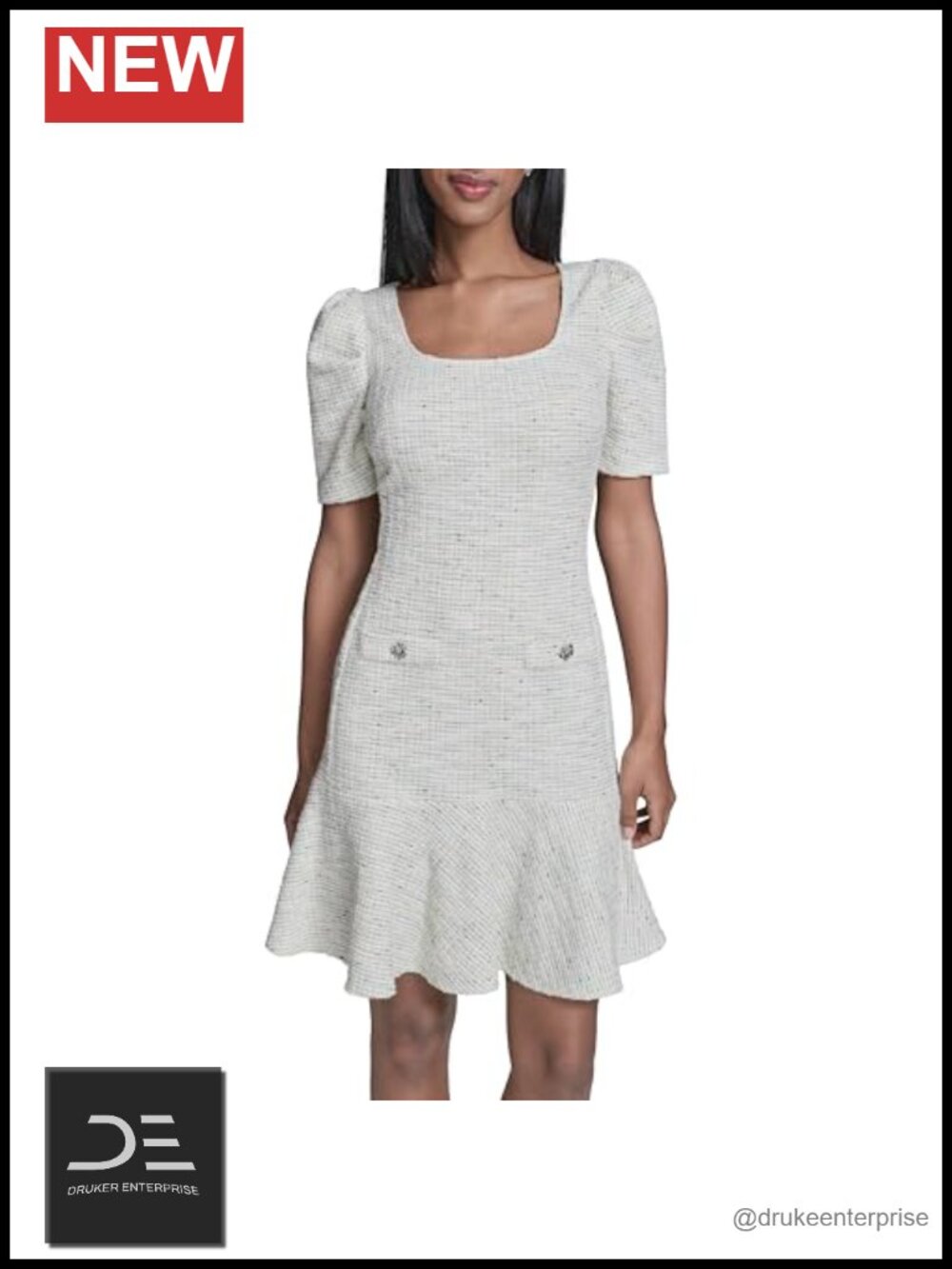 Puff Sleeve Square Neck Tweed A-line Mini Dress